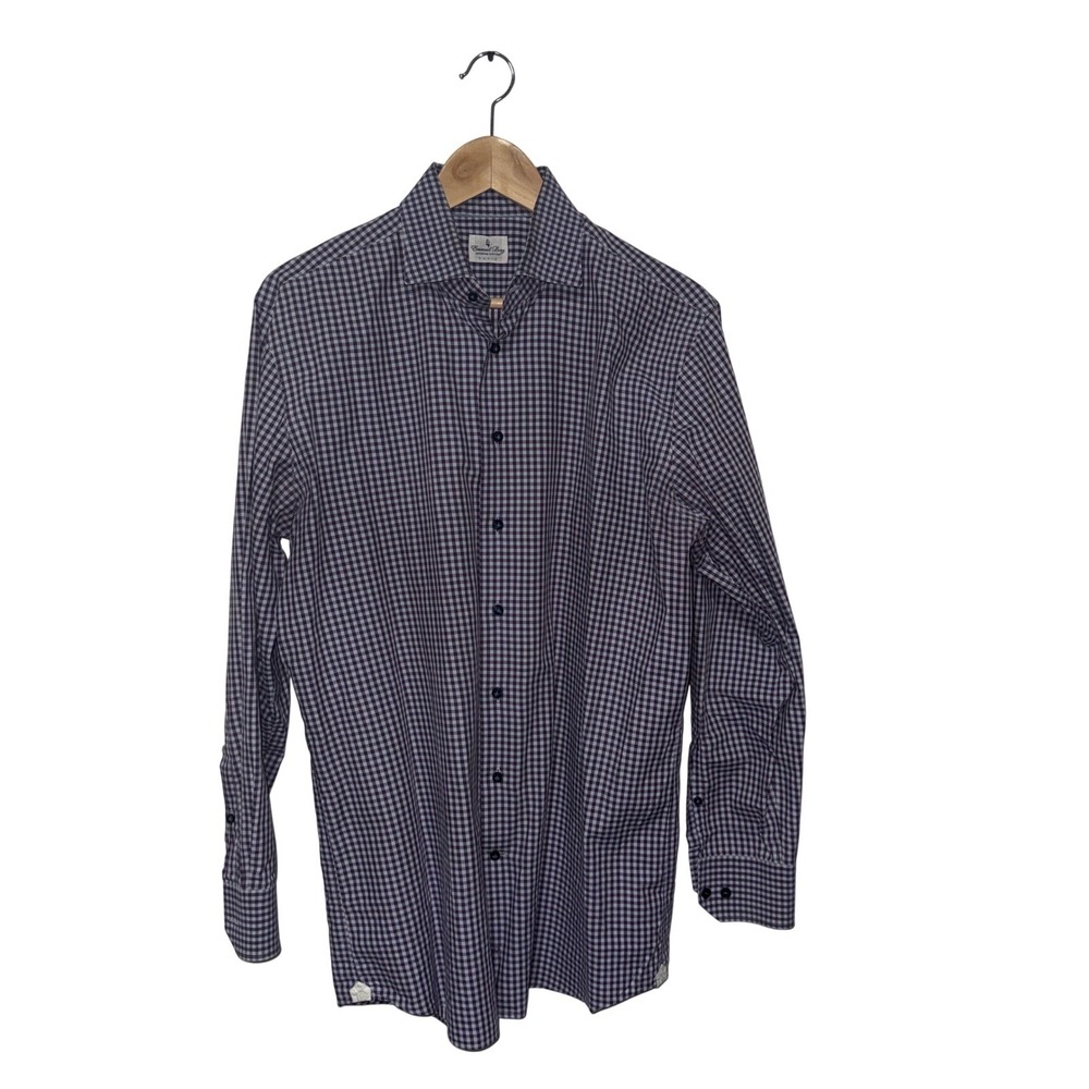Emanuel Berg Mens Gingham Button‎ Up Purple Blue Long Sleeve 16 41cm